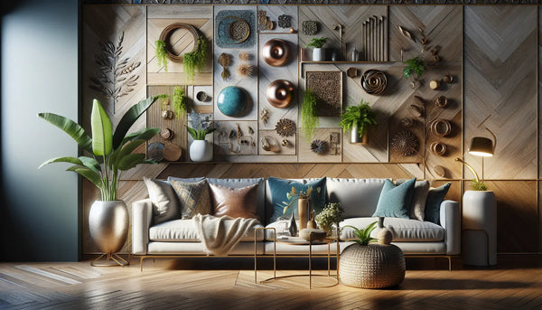 Warme und einladende Wohnzimmerwand mit Holz, Metall und Pflanzen in einem harmonischen, minimalistischen Design im Steelmonks-Farbschema.