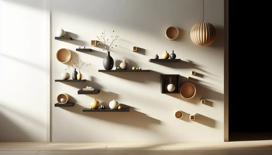 Harmonische Holzregale und Metallornamente an heller Wand im Steelmonks Stil, mit warmem Licht und eleganter Atmosphäre.