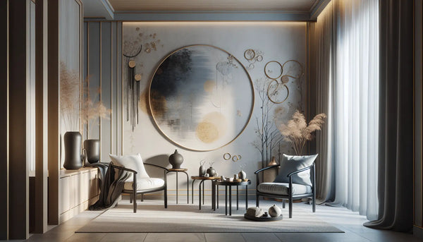 Modernes, harmonisches Zimmer mit minimalistischer Einrichtung, sanften Farben und eleganter Wanddekoration für ein offenes, leichtes Ambiente.