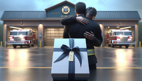 Herzliche Umarmung von Feuerwehrmann und Zivilist vor Feuerwache, elegantes Geschenk mit blauem Band, warme Atmosphäre, Steelmonks Stil.