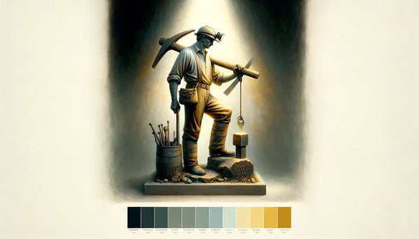 Historische Bergmannsstatue mit Schlägel und Eisen, stilvoll in Steelmonks-Farben vor natürlichem Hintergrund.