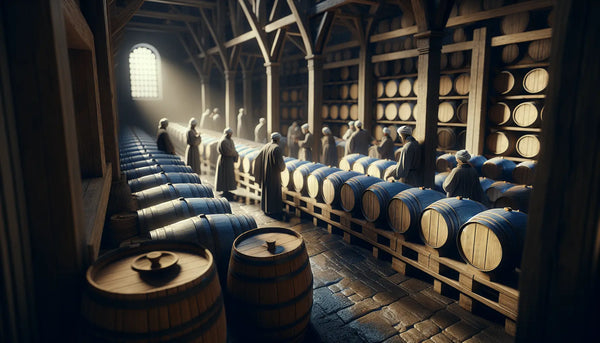 Traditionelle Brauer in historischer Brauerei mit leeren Holzbierfässern in warmem, Steelmonks-farbigem Ambiente.