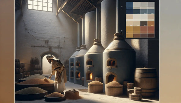 Historische Mälzerei mit Mälzer und traditionellen Trockenöfen in Steelmonks Farben, warm und realistisch beleuchtet.