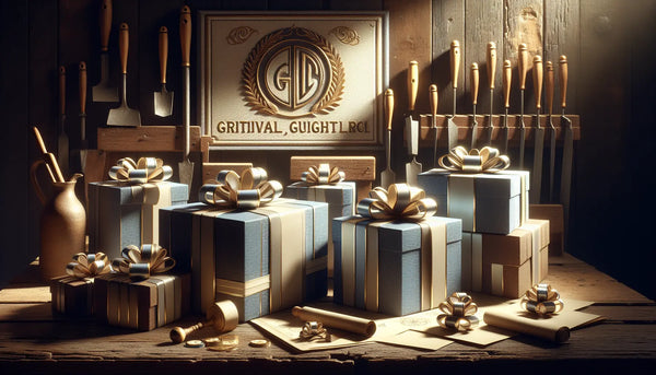 Historische Werkstatt mit traditionellem Zunftzeichen an der Wand und schmalen, elegant verpackten Geschenken in den Steelmonks-Farben Persischblau, Ghost White, Hunyadi Yellow und tiefem Schwarz, in einem warmen, einladenden Ambiente.