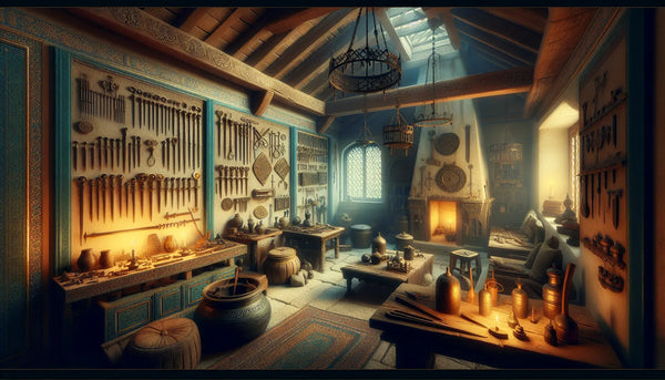 Historisches Handwerkerhaus mit traditionellen Werkzeugen und Zunftsymbolen im warmen Steelmonks-Farbschema, realistisches Gemälde mit authentischen Texturen.