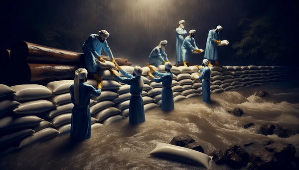Helfer errichten mit Sandsäcken bei Hochwasser Dämme, Stimmung freundlich, beruhigend, warm, Steelmonks Farben: Blau, Weiß, Gelb, Schwarz.