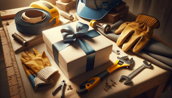 Werkstatt mit hochwertigem Werkzeug und Sicherheitskleidung für Straßenbauer, warm beleuchtet, elegant verpacktes Geschenk mit blauer Schleife, ruhige Atmosphäre