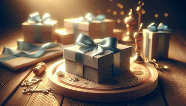 Elegante, schlanke Geschenkboxen mit schmalen Persian Blue Schleifen auf einer edlen Holzunterlage, umgeben von gravierten Werkzeugen und Zunftzeichen in warmem, sanft gestreutem Licht. Die Szene strahlt Wertschätzung und handwerkliche Tradition aus.