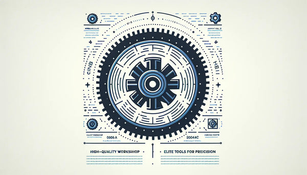 Minimalistische Grafik eines mechanischen Zahnrads in Persian Blue mit gelbem Akzentpunkt auf weißem Hintergrund. Überschrift Hochwertige Werkstatt mit Stichpunkt Elite Werkzeuge für Präzision.