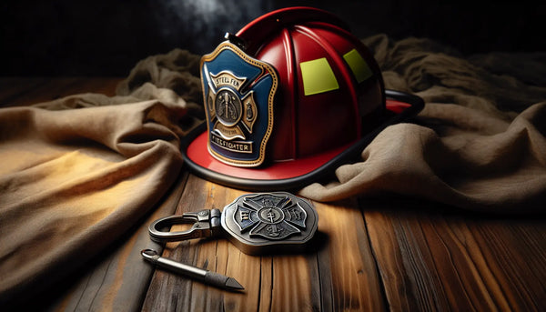 Gravierter Edelstahl-Feuerwehr-Anhänger liegt neben Feuerwehrhelm auf dunklem Holztisch, warm und realistisch im Steelmonks-Stil.