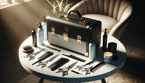 Eleganter Friseurkoffer umgeben von Scheren und Pflegeprodukten auf einem Friseursalon-Tisch in warmem, minimalistischem Steelmonks-Stil.