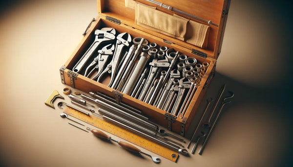 Hochwertiger Klempner-Werkzeugkasten mit eleganten Werkzeugen und traditionellem Handwerkszubehör in Steelmonks-Farben, ohne Personen, realistisch und stimmungsvoll.