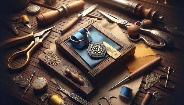 Zunftzeichen Schlüsselanhänger mit Foto auf traditionellem Holztisch, umgeben von klassischen Handwerkswerkzeugen, warm und hochwertig inszeniert.
