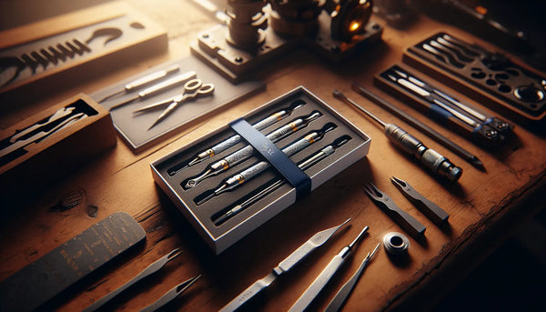 Elegantes personalisiertes Werkzeug-Set mit blauer Schleife auf Holz, umgeben von mechanischen Teilen, warme Atmosphäre, Steelmonks Farbschema.