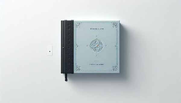 Fotoalbum mit Lederbindung als klare Vektorgrafik auf hellem Hintergrund mit Text zu Hochzeitsalbum Eleganz und Erinnerung