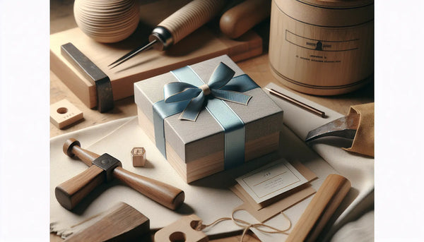 Ein Holzarbeiter betrachtet seinen personalisierten Hammer, umgeben von traditionellen Handwerksmaterialien und einem elegant verpackten Geschenk mit blauer Schleife.