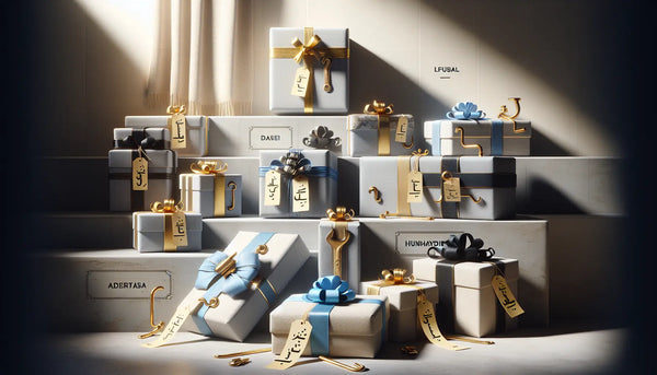 Elegante, minimalistische Geschenkboxen in Steelmonks Farben, die weltweit humorvolle Klempner-Spitznamen symbolisieren, in warmer, stimmungsvoller Atmosphäre.