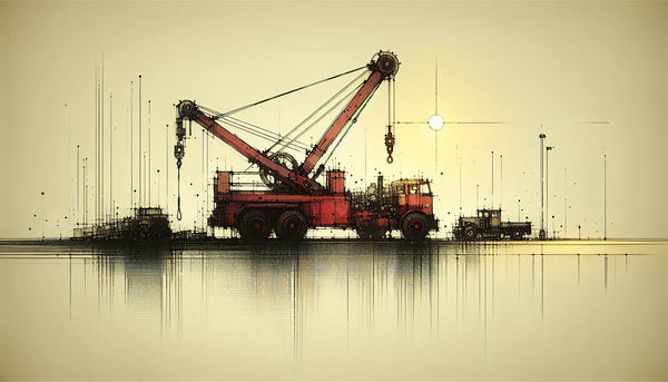Skizzenhafte Darstellung eines hydraulischen Spreizers und Fahrzeugteilen in ruhiger Atmosphäre