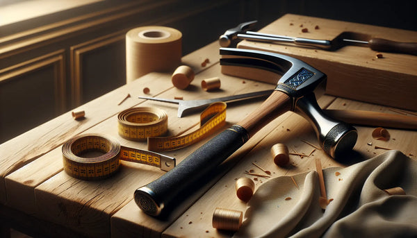 Gravierter Hammer und Maßband auf Holzwerkbank, umgeben von Holzspänen im warmen Steelmonks-Stil.
