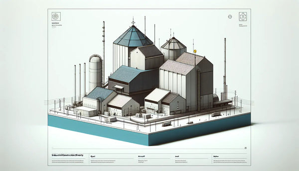 stilisiertes industriebaugebaeude mit unterschiedlichen dachmaterialien als klare reduktion auf hellem hintergrund mit text zu industriebau vielfalt
