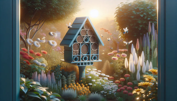 Blühender Garten mit elegantem Insektenhotel bei Sonnenuntergang, umgeben von bunten Blumen und warmem Licht in Steelmonks Farben.