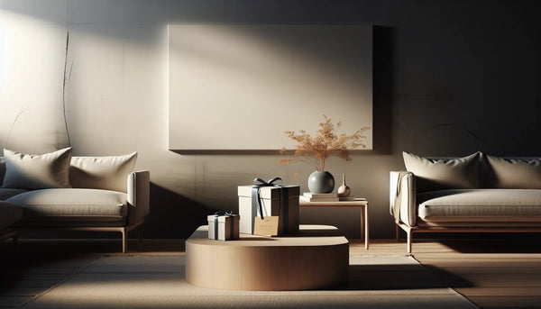 Atmosphärisches Wohnzimmer mit leerer Wand und elegant verpackten Geschenken in Steelmonks Farbpalette, warm und einladend gestaltet.
