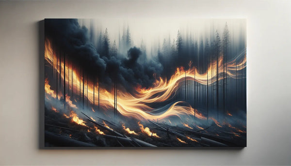 Dramatische Waldbrand-Szene mit realistischen Flammen, dichtem Rauch und warmem Licht in Steelmonks Farbpalette.