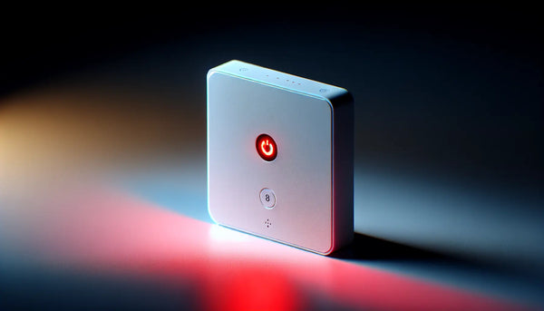 Nahaufnahme Johanniter Hausnotruf mit rotem Blinklicht bei Stromstörung, realistisch, warm und vertrauensvoll im Steelmonks-Stil