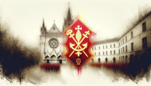 Skizzenhafte Darstellung des Johanniter Ordens Emblems vor kathedralenartigem Hintergrund in ruhiger Atmosphäre