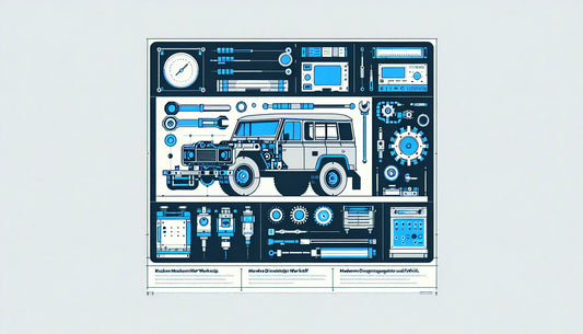 Teilweise zerlegtes Fahrzeug klare Vektorgrafik mit minimalistischen Diagnosegeraeten auf weissem ruhigem Hintergrund mit Text zum Kfz Mechatroniker