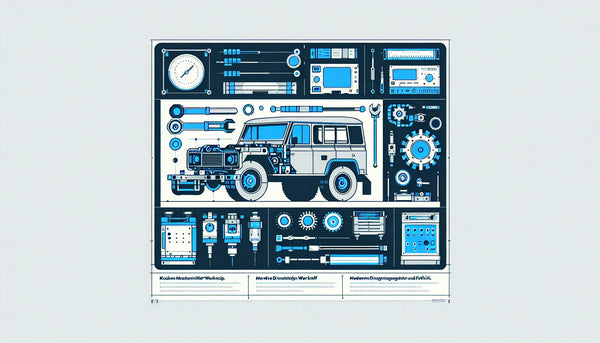 Teilweise zerlegtes Fahrzeug klare Vektorgrafik mit minimalistischen Diagnosegeraeten auf weissem ruhigem Hintergrund mit Text zum Kfz Mechatroniker