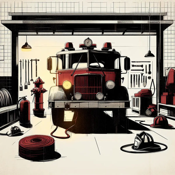 Skizzenhafte Darstellung einer klassischen deutschen Feuerwehrwache mit Fahrzeug und Ausrüstung