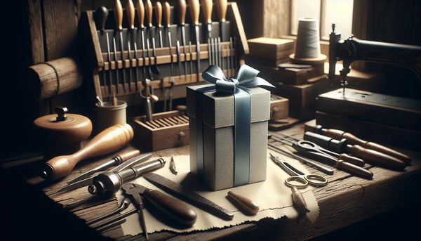 Ein elegantes, slim Geschenk mit blauem Band in rustikaler Werkstatt, mit klassischen Handwerkswerkzeugen, warm beleuchtet und sauber arrangiert.