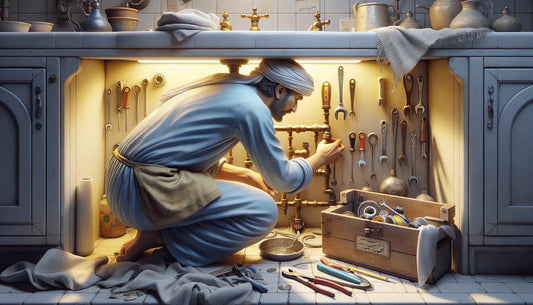 Ein Klempner arbeitet unter einem Waschbecken, repariert einen tropfenden Wasserhahn, umgeben von Werkzeugen, in warmem, realistischem Steelmonks-Stil.