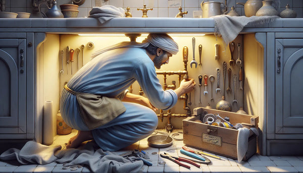 Ein Klempner arbeitet unter einem Waschbecken, repariert einen tropfenden Wasserhahn, umgeben von Werkzeugen, in warmem, realistischem Steelmonks-Stil.