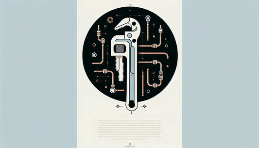 Minimalistische Infografik mit stilisierter Rohrzange und Kupferrohren in Persian Blue auf hellem Ghost White Hintergrund mit dezenter gelber Akzentfarbe und schwarzem Text Klempnerwerkzeuge.