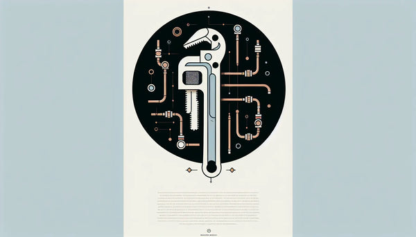 Minimalistische Infografik mit stilisierter Rohrzange und Kupferrohren in Persian Blue auf hellem Ghost White Hintergrund mit dezenter gelber Akzentfarbe und schwarzem Text Klempnerwerkzeuge.