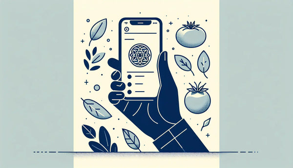 hand die smartphone haelt mit kochrezepte app symbol und frischen zutaten in minimalistischer vektoroptik
