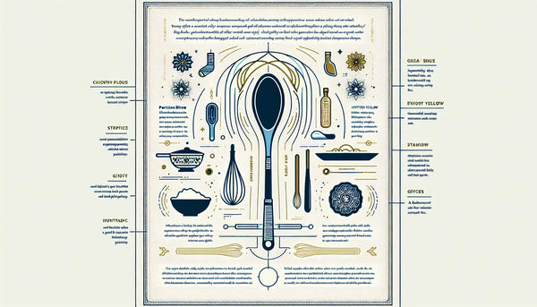 Minimalistisches Kochlöffel Symbol in Persian Blue mit gelbem Akzent auf weißem Hintergrund thematisch Kochutensilien und Gewürze als Geschenkidee