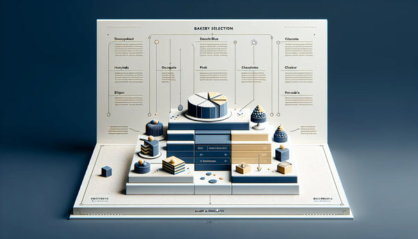 Minimalistische Vektorgrafik eines stilisierten Konditorei-Displays mit dekorierten Torten und Pralinen in Persian Blue und Hunyadi Yellow auf Ghost White Hintergrund mit Text.