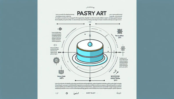 Minimalistische Grafik eines einzelnen stilisierten Tortenstücks in Persian Blue mit gelbem Akzentpunkt auf weißem Hintergrund, Text Konditorei Kunst und traditionell Backkunst Fokus.