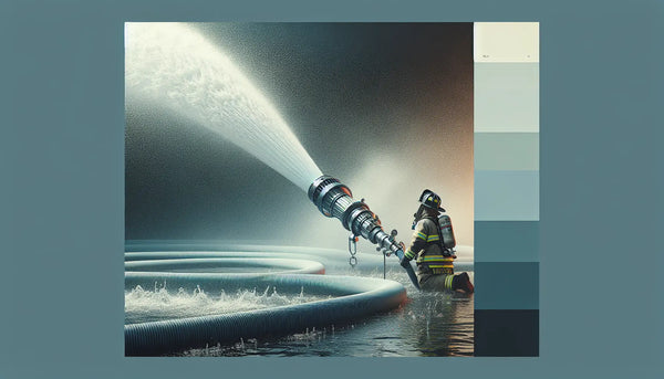 Feuerwehrschlauch mit starkem Wasserstrahl in Steelmonks Farben, realistisch und atmosphärisch im Einsatz dargestellt.