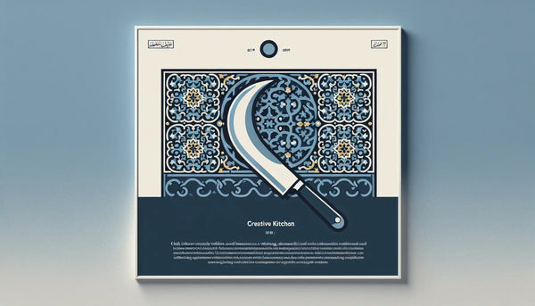 Minimalistische Vektorgrafik eines stilisierten Kochmessers in Persian Blue mit gelbem Akzentpunkt auf weißem Hintergrund. Text: Kreative Küche, Köche zelebrieren Tradition und Moderne.