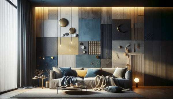Moderner Wohnzimmerwand mit kreativer Wandgestaltung in Persisch Blau, Ghost White, Hunyadi Gelb und Tiefschwarz; Kombination aus Farben, Texturen und dezenten Metallelementen in warmem, atmosphärischem Licht.
