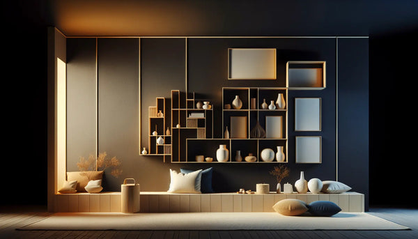 Moderner Raum mit kunstvoll gestalteter Wand, kreativen Regalen und warmem Licht im Steelmonks Farbdesign.
