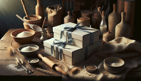 Kreativer Arbeitsplatz eines Bäckers mit schlanken Geschenkboxen, alten Getreidesorten und Sauerteigstarter in warmem, realistischem Licht.