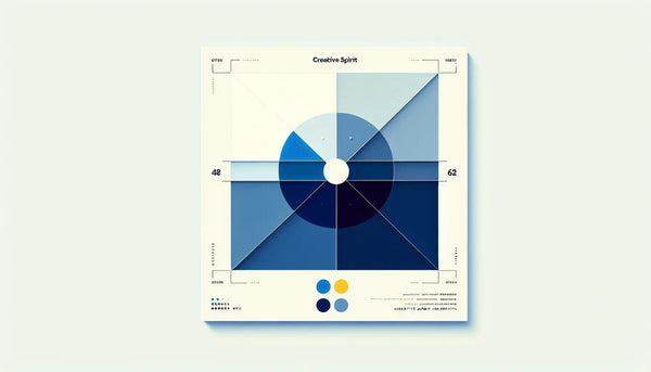Minimalistische stilisierte Farbpalette in Persian Blue mit gelbem Akzentpunkt auf weißem ruhigem Hintergrund als Symbol für kreativen Geist und Malen.