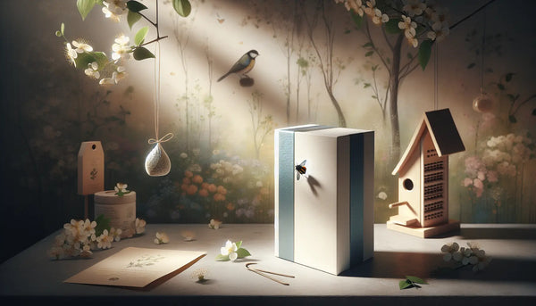 Elegantes Geschenk vor einem blühenden Garten mit Vogelhaus und Insektenhotel, warmes Licht, Steelmonks-Farben, Ruhe und Lebendigkeit vereint