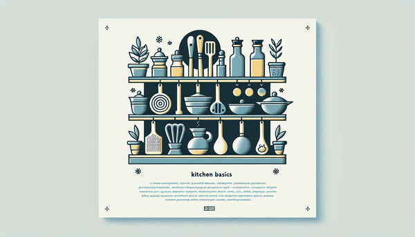 stilisiertes kuechenregal mit handgemachten kochutensilien und gewuerzstreuern als klare vektorgrafik auf weissem hintergrund mit text zu kuechen basics