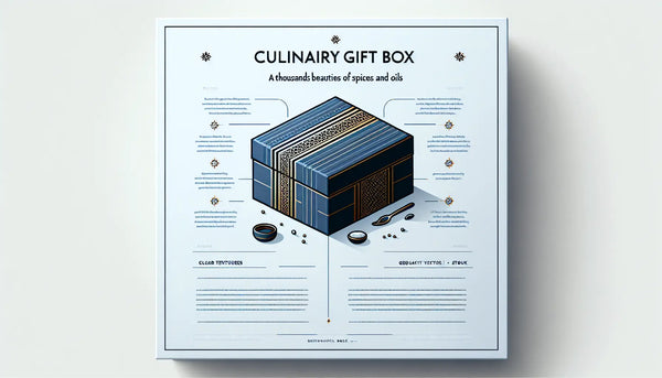 Minimalistische Vektorillustration einer stilisierten kulinarischen Geschenkkiste in Persian Blue mit gelbem Akzentpunkt vor weißem Hintergrund